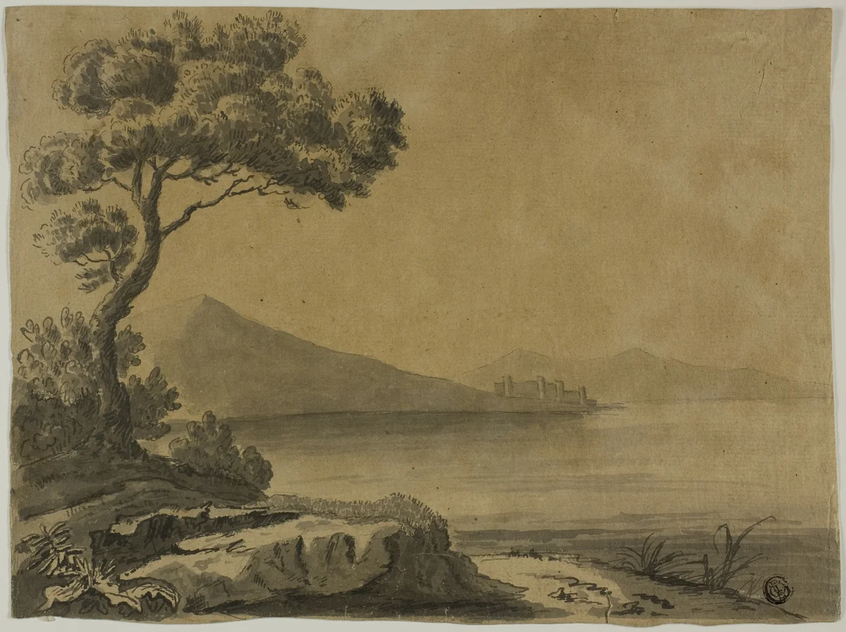 View of Lake, with Large Trees in Foreground by Unknown Artist, drawing, 1700-1799