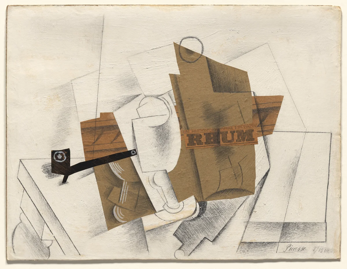 Pipe, Glass, Bottle of Rum by Pablo Picasso, drawing, 1914