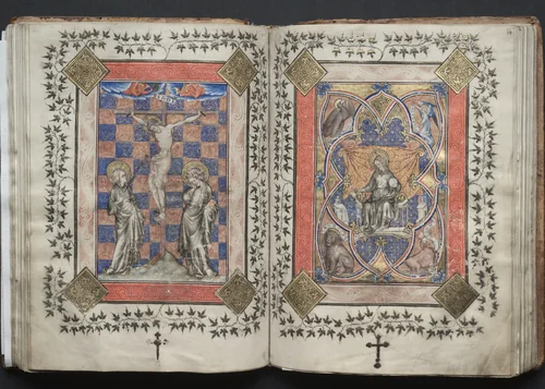 The Gotha Missal: Fol. 63v, Crucifixion by Master of the Boqueteaux, book, 1370-1380