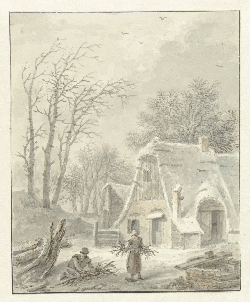 Winterlandschap met houtsprokkelaars voor boerderij by Pieter Pietersz. Barbiers, drawing, 1838