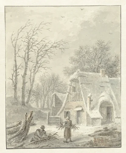 Winterlandschap met houtsprokkelaars voor boerderij by Pieter Pietersz. Barbiers, drawing, 1838