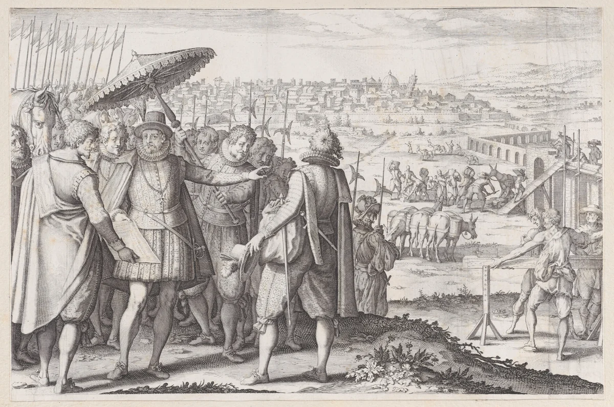 Restauration de L'Aqueduc de Pise (Restoring the Aqueduct in Pisa), from "La Vie de Ferdinand Ier de Médicis série appelée aussi Les Batailles des Médicis" (The Life of Ferdinand I de'Medici also called The Medici Battles) by Jacques Callot, print, 1614-1620