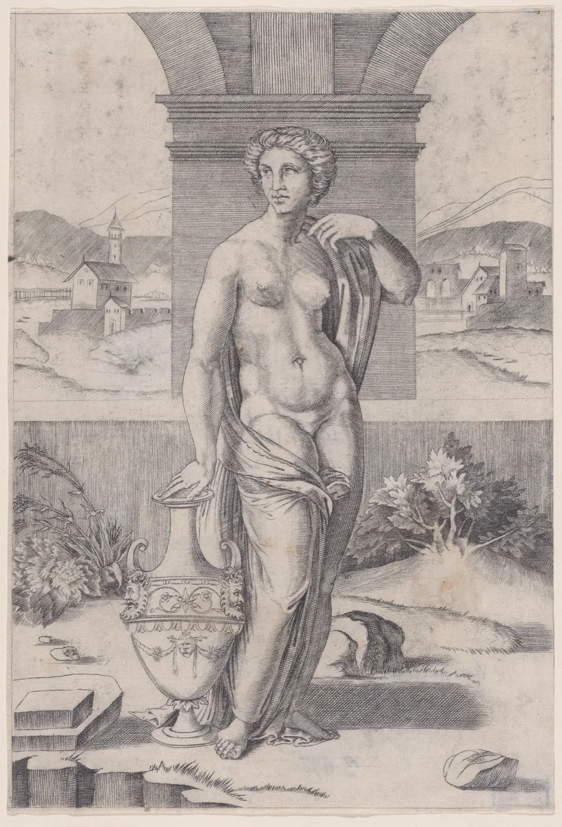 Woman Standing near a Vase by Agostino Veneziano, print, 1514-1536
