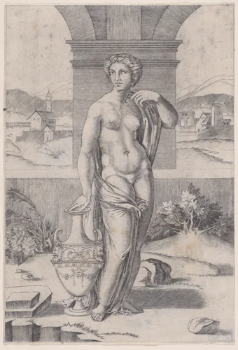 Woman Standing near a Vase by Agostino Veneziano, print, 1514-1536