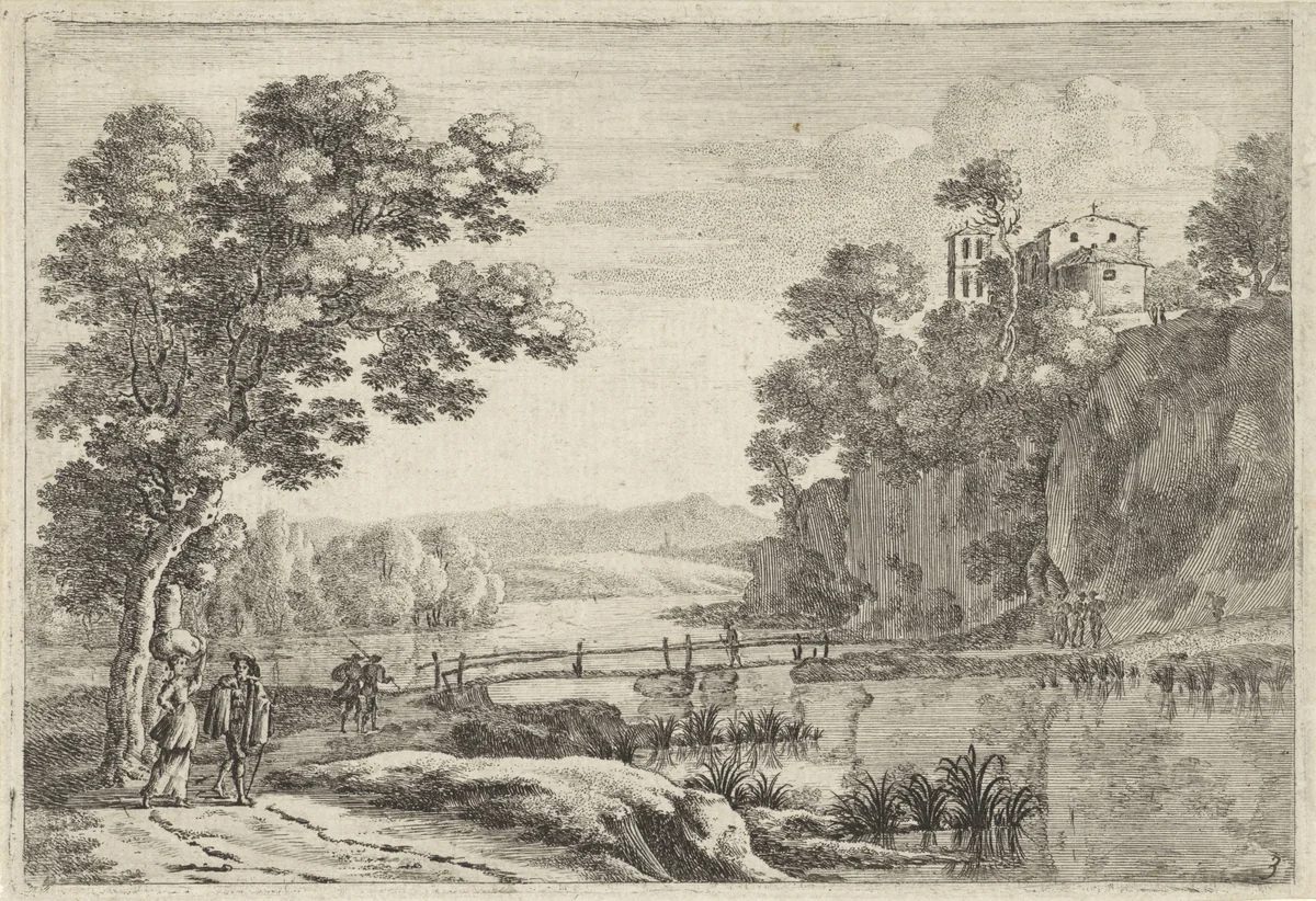 Landschap met houten brug by anonymous, print, 1623-1705