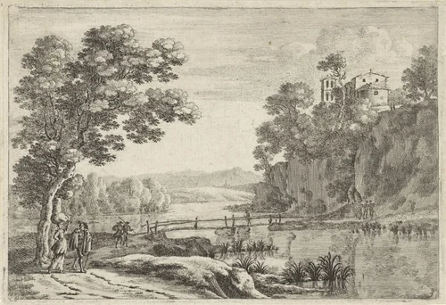 Landschap met houten brug by anonymous, print, 1623-1705