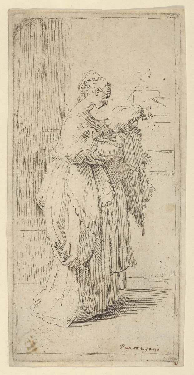 Girl carrying a cushion, seen in profile facing right by Guido Reni, print, 1590-1690