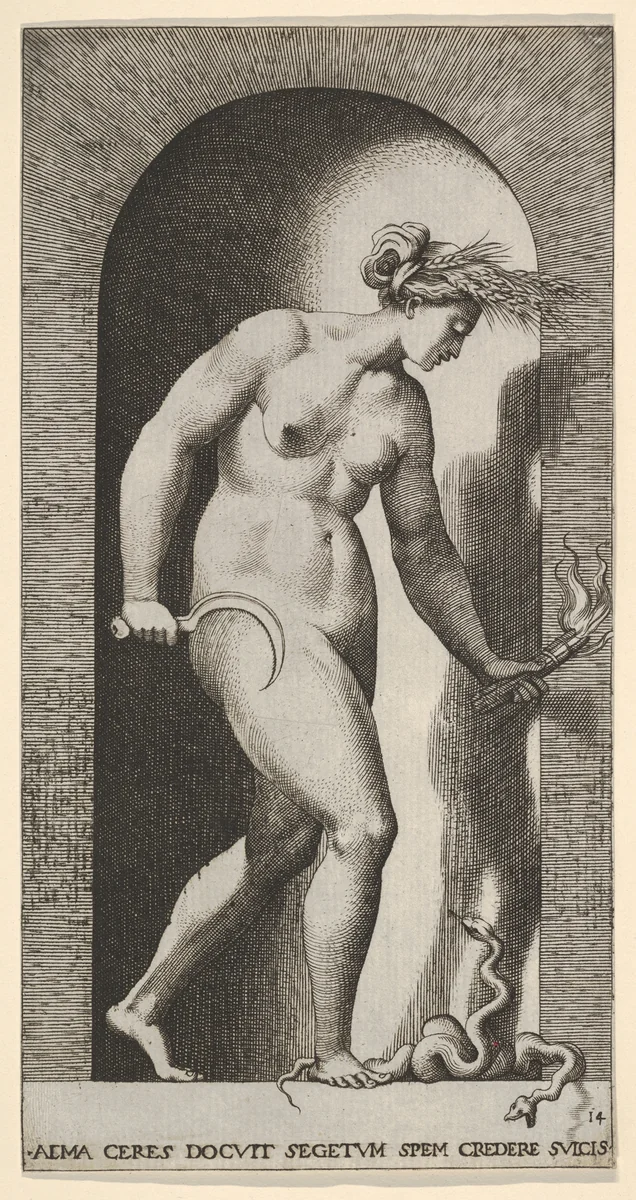 Plate 14: Ceres in a niche, facing right, standing over a two-headed snake and holding a half-moon sickle in her right hand and a torch in her left hand, from "Mythological Gods and Goddesses" by Giovanni Jacopo Caraglio, print, 1526