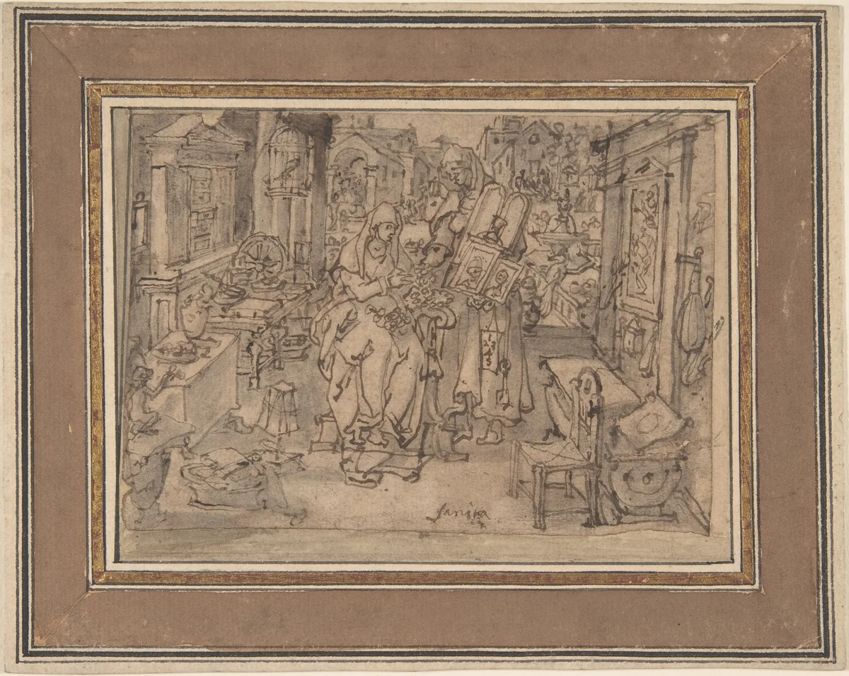 Vanitas by Jan van der Straet, drawing, 1540-1605