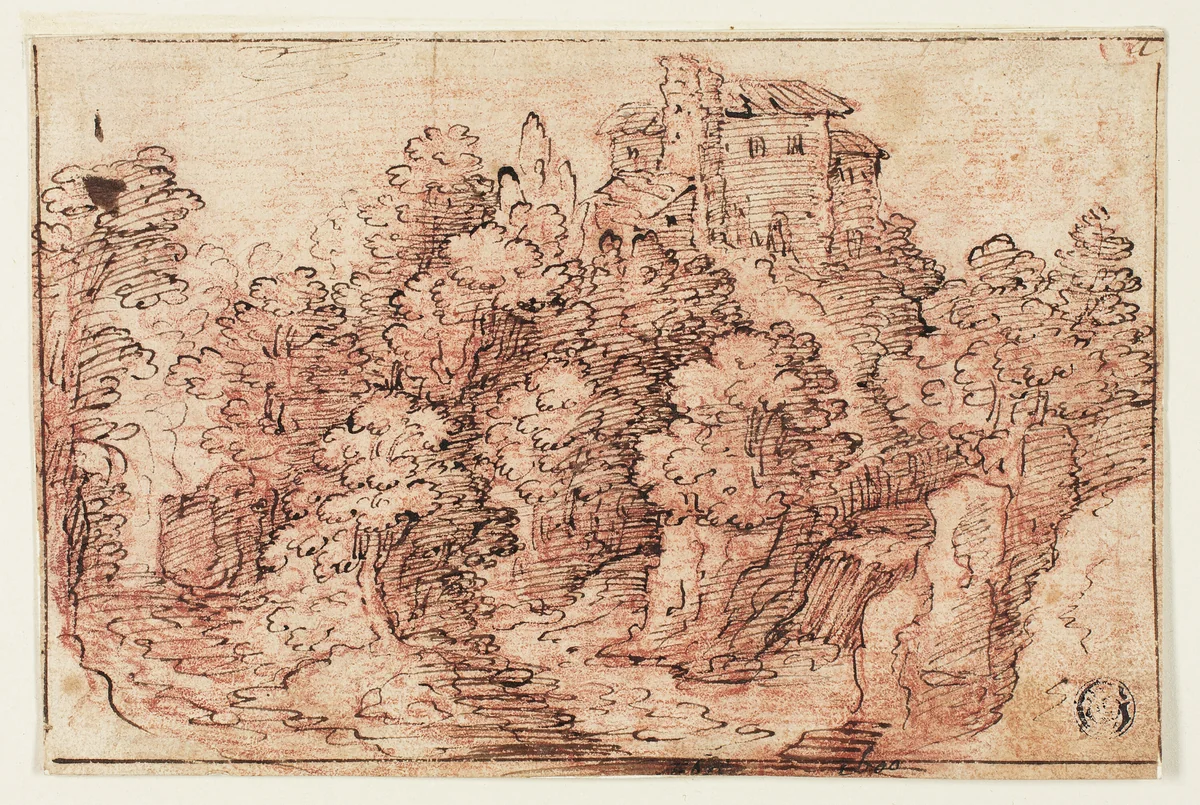 Landscape: House on Wooded Hill by Unknown Artist, drawing, 1500-1599