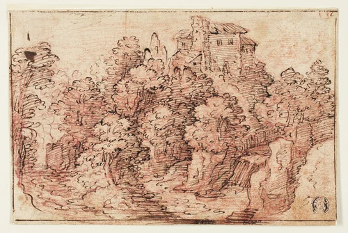 Landscape: House on Wooded Hill by Unknown Artist, drawing, 1500-1599