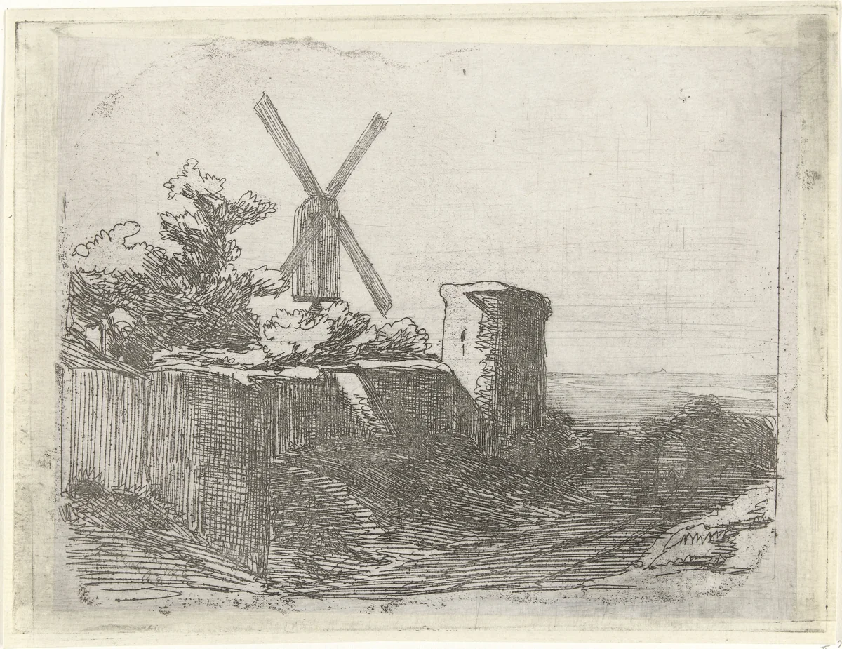 Ruïne met molen by Lambertus Hardenberg, print, 1850