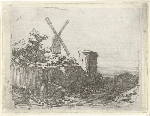 Ruïne met molen by Lambertus Hardenberg, print, 1850