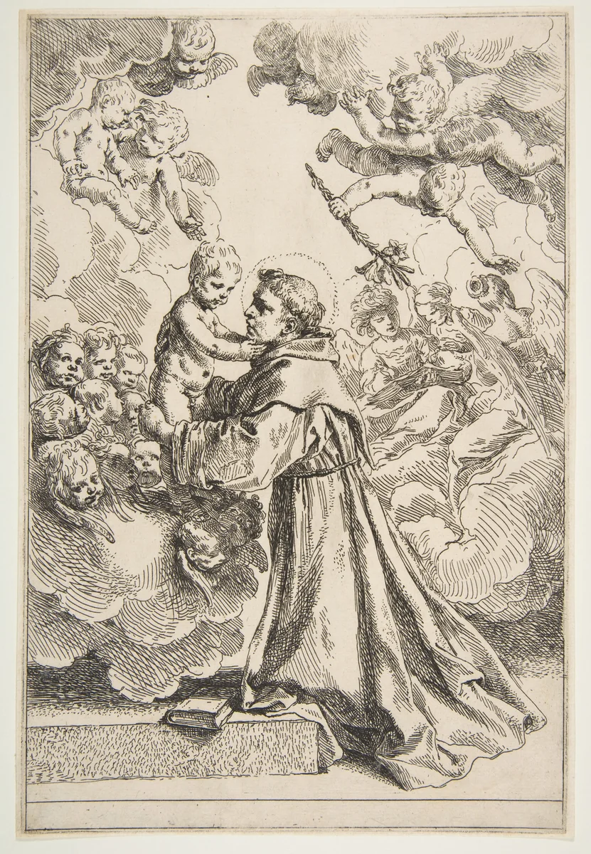 Saint Anthony of Padua adoring the Christ Child in Glory by Simone Cantarini, print, 1635-1645