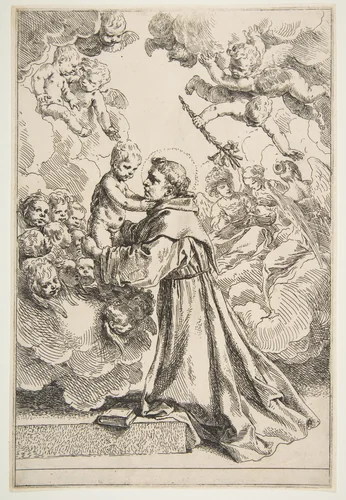 Saint Anthony of Padua adoring the Christ Child in Glory by Simone Cantarini, print, 1635-1645