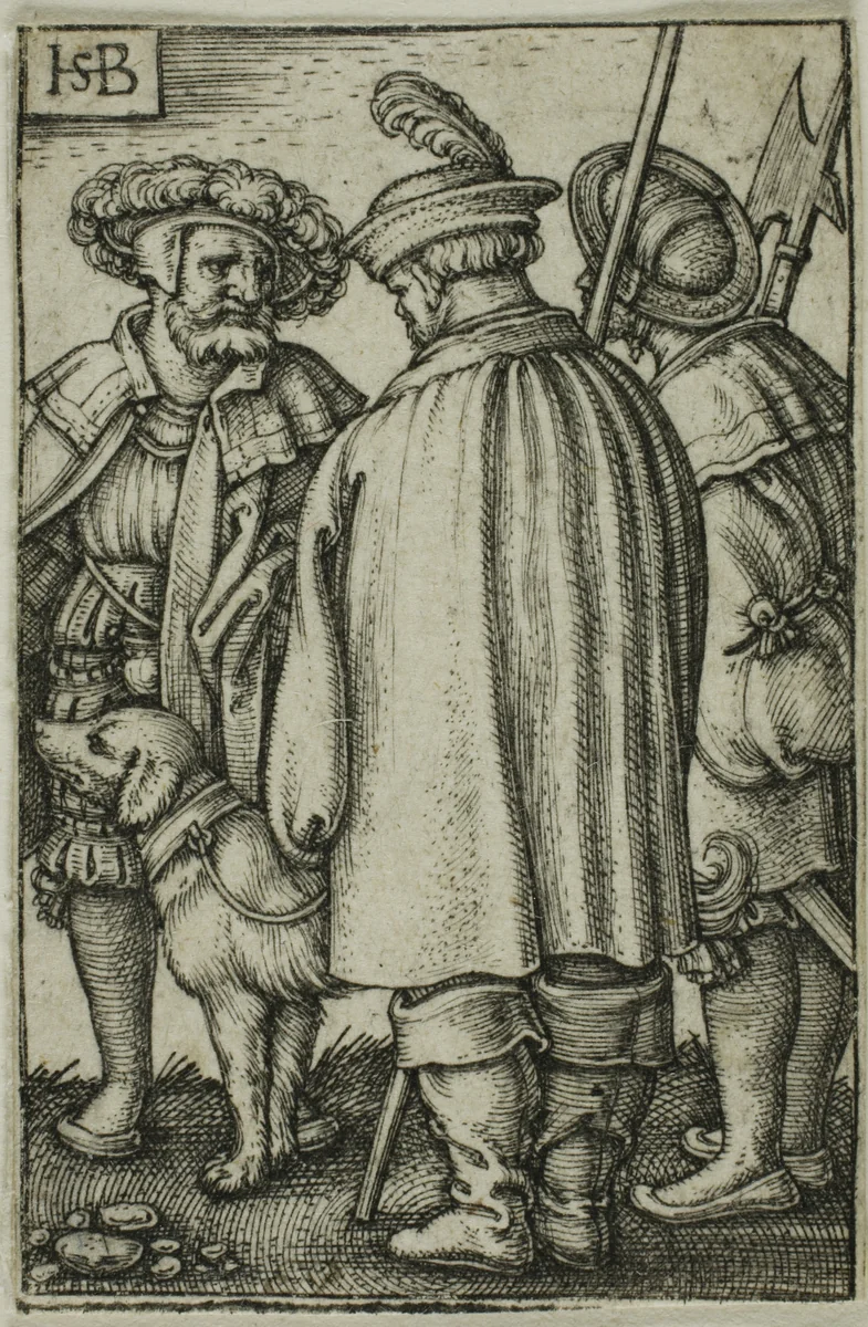 Three Soldiers and a Dog by Sebald Beham, print, 1520-1550