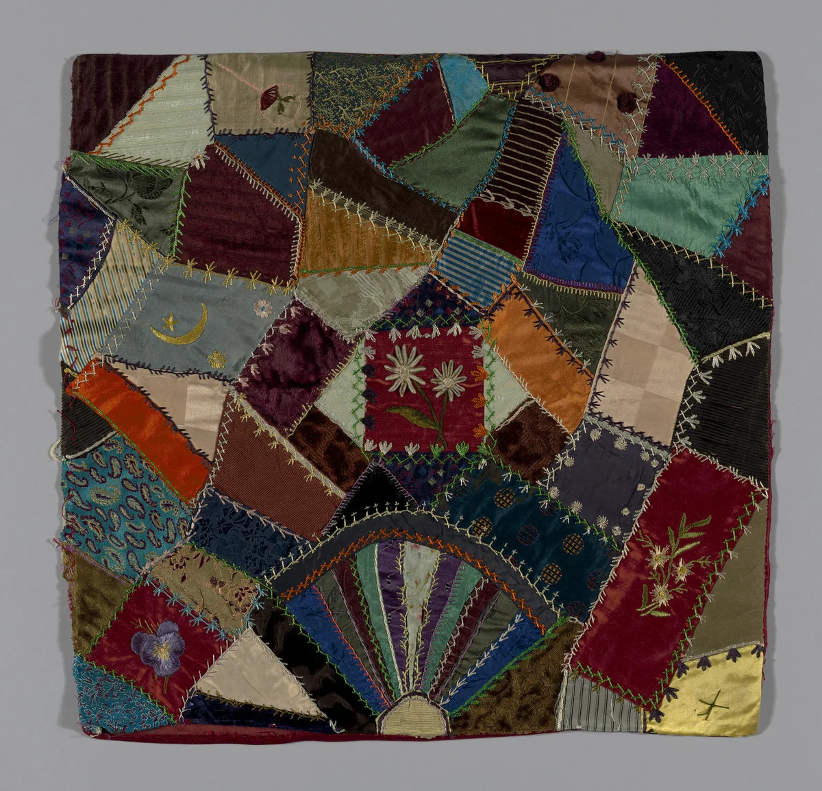 Fragment from Bedcover (Crazy Quilt Block) by United States, textile, 1879-1889