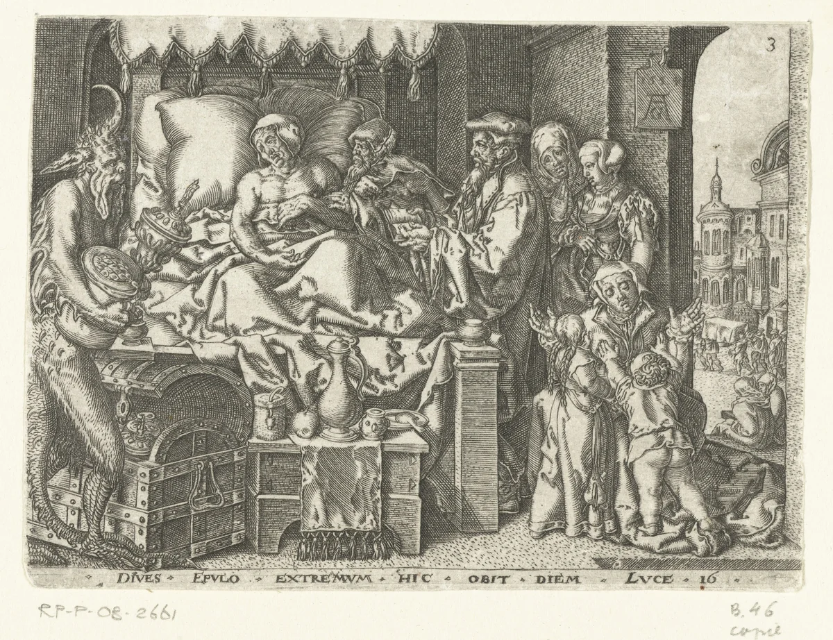De rijke man op zijn sterfbed by anonymous, print, 1554-1610