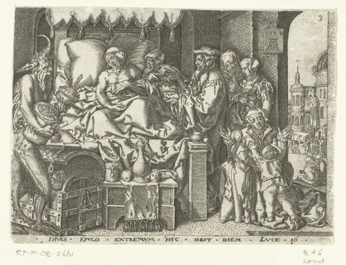 De rijke man op zijn sterfbed by anonymous, print, 1554-1610