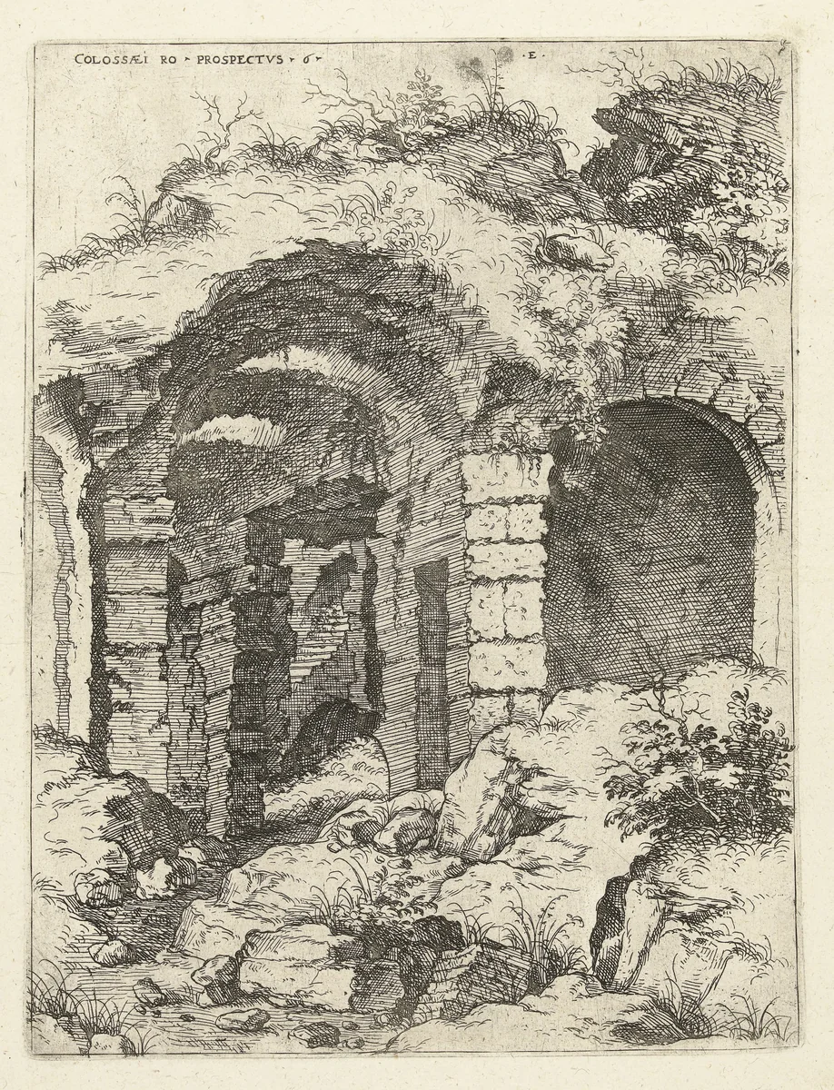 Zesde gezicht op het Colosseum te Rome by Hieronymus Cock, print, 1551