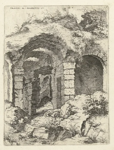 Zesde gezicht op het Colosseum te Rome by Hieronymus Cock, print, 1551