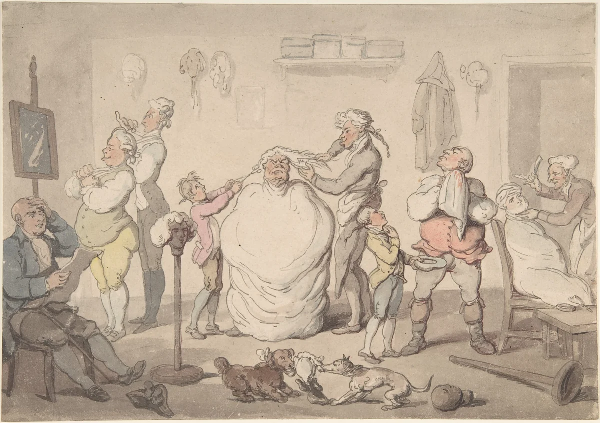 The Barber's Shop by Thomas Rowlandson, drawing, 1785-1805