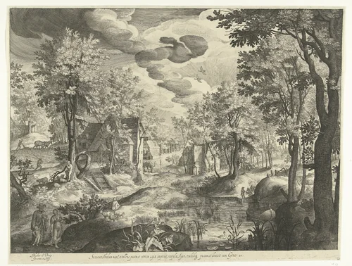 Landschap met Hagar en Ismaël by Unknown, print, 1581-1656
