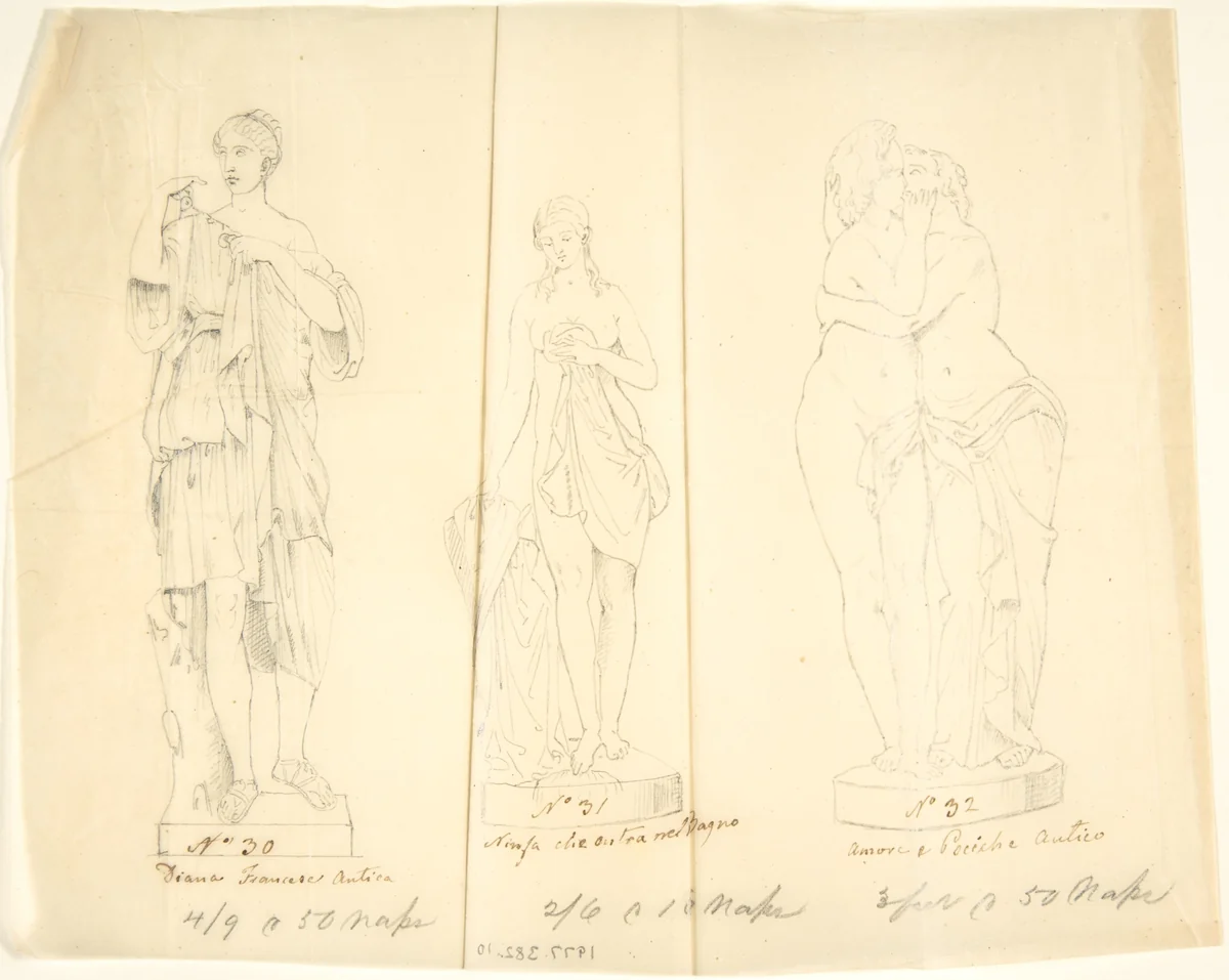 Sketches of three statues: Diana, Nymph Bathing and Cupid and Pysche by John Gibson, drawing, 1845-1855