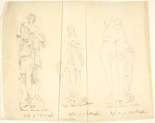 Sketches of three statues: Diana, Nymph Bathing and Cupid and Pysche by John Gibson, drawing, 1845-1855