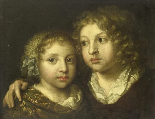 A daughter and a son (Constantijn?) of the artist by Caspar Netscher, painting, 1661-1684