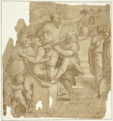 Fragment of a Composition with People Gesturing and Horses in the Background by Pietro Buonaccorsi, drawing, 1521-1547
