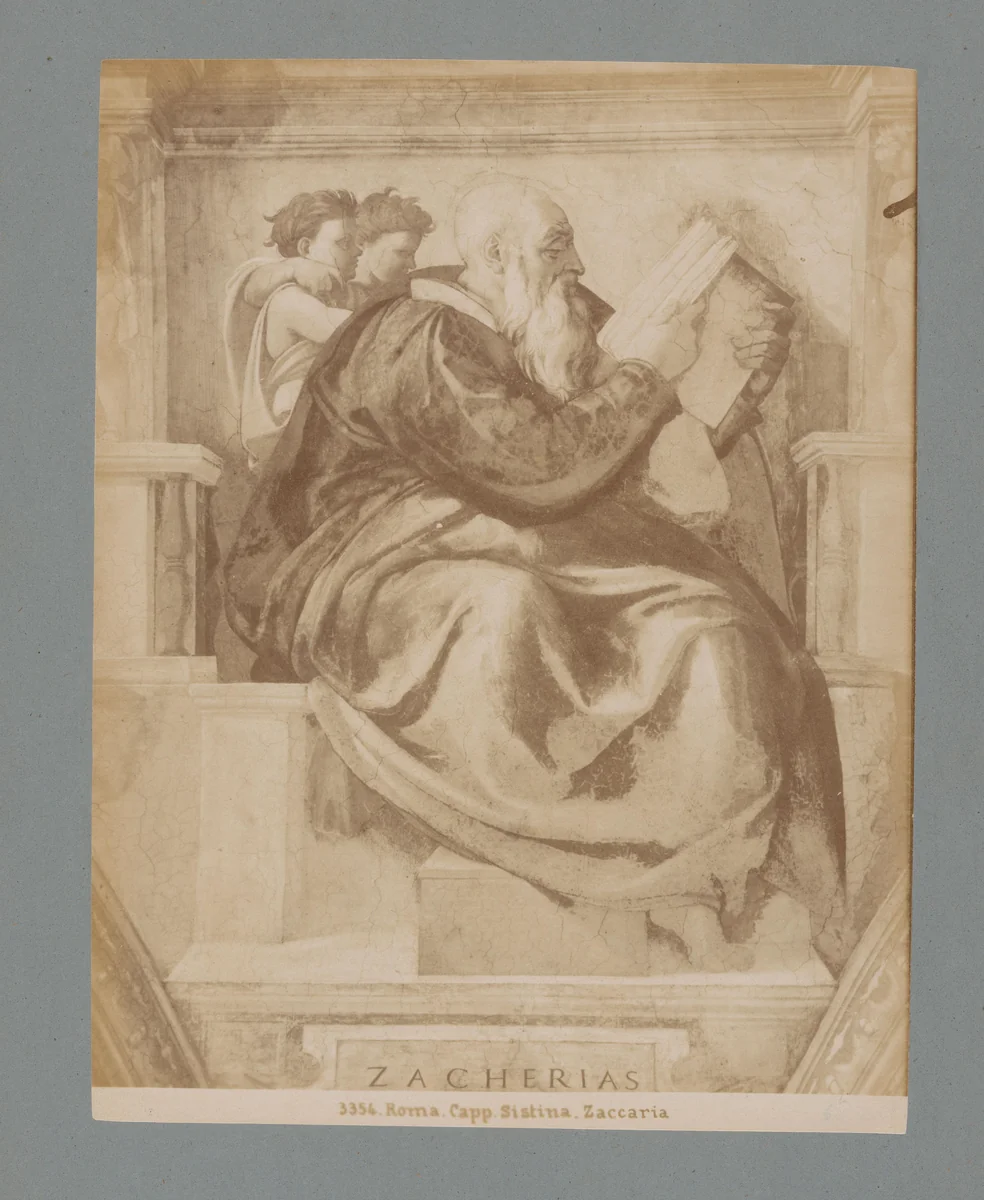 Fotoreproductie van een detail van het fresco Zacharia door Michelangelo in de Sixtijnse kapel by anonymous, photograph, 1851-1900