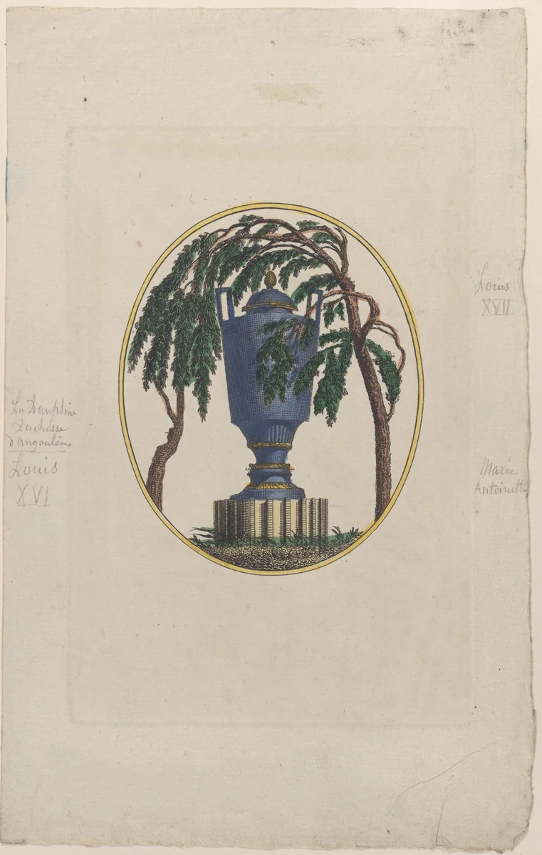 Weeping willow and urn with hidden silhouettes of the French royal family by anonymous, print, 1794-1815