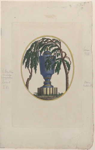 Weeping willow and urn with hidden silhouettes of the French royal family by anonymous, print, 1794-1815