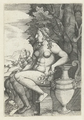 Zittende naakte vrouw by Unknown, print, 1537