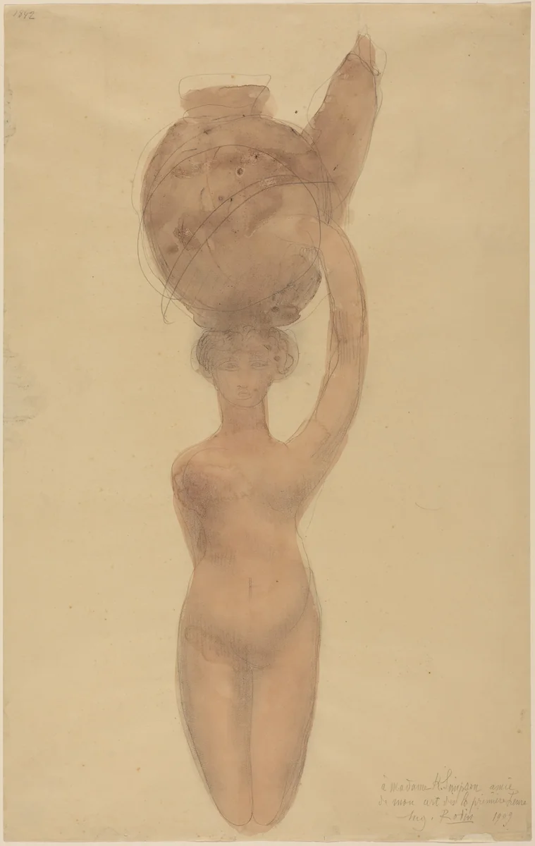 Nude Woman Carrying Vase on Head by Auguste Rodin, drawing, 1909