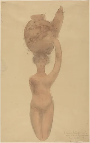 Nude Woman Carrying Vase on Head by Auguste Rodin, drawing, 1909