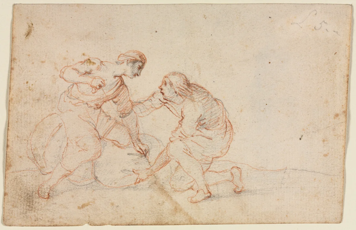 Two Men Tying a Bundle (recto) by anonymous, drawing, 1600-1699