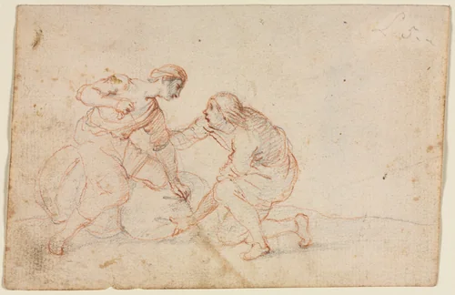 Two Men Tying a Bundle (recto) by anonymous, drawing, 1600-1699