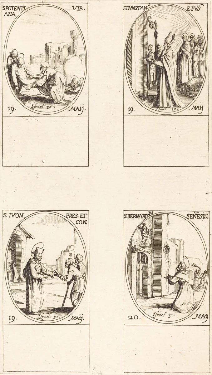 St. Potentiana; St. Dunstan; St. Yvo; St. Bernardinus of Siena by Jacques Callot, print, 1627-1637