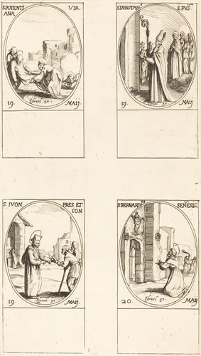 St. Potentiana; St. Dunstan; St. Yvo; St. Bernardinus of Siena by Jacques Callot, print, 1627-1637