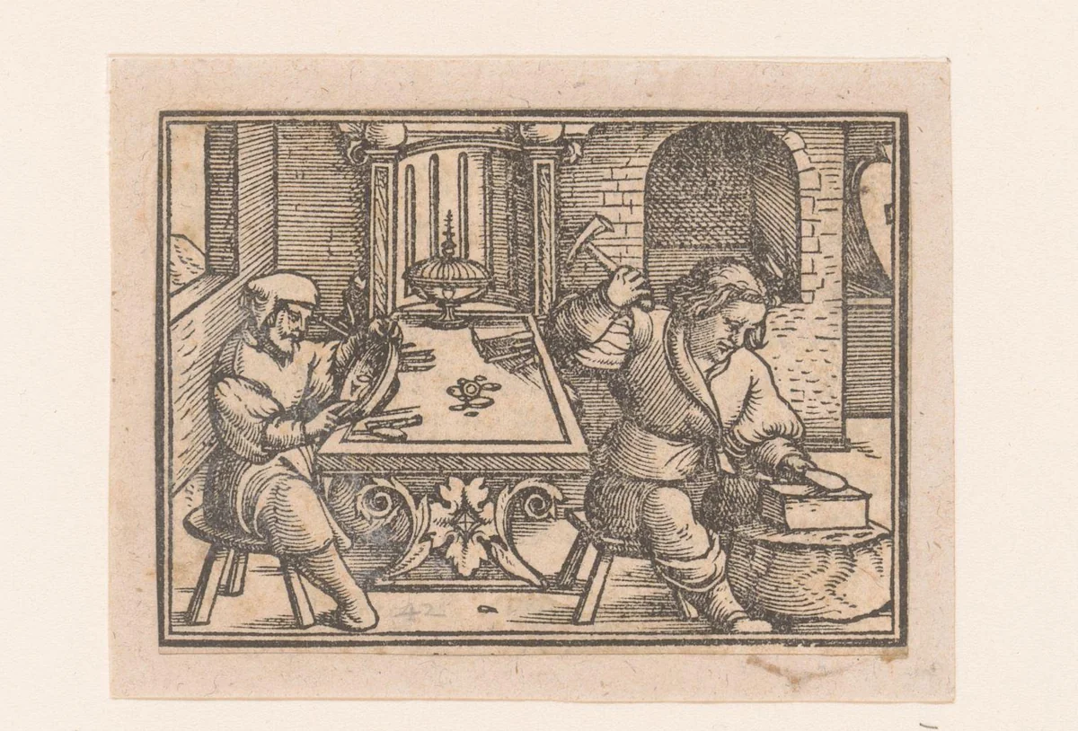 Bezaleël en Aholiab werken aan de tabernakel by anonymous, print, 1522