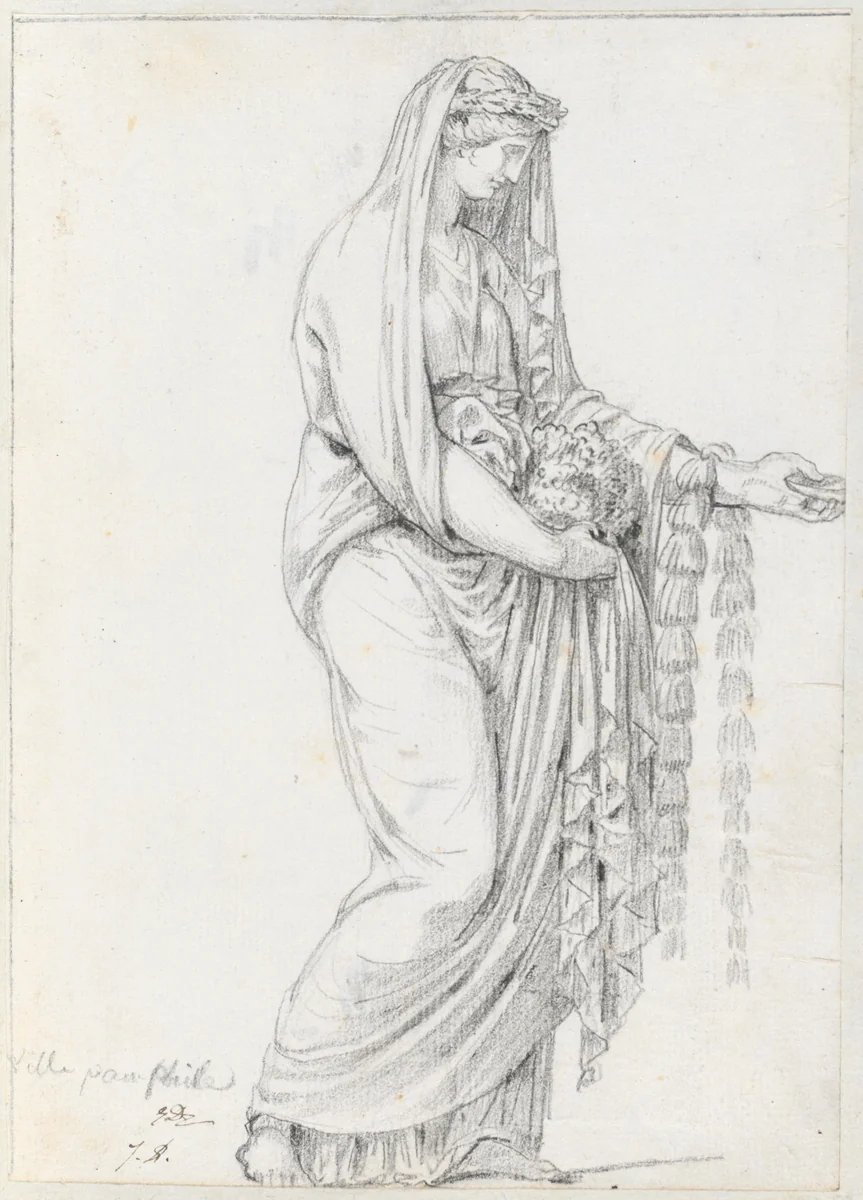Woman with a Garland, from the Villa Pamphili by Jacques-Louis David, drawing, 1775-1780