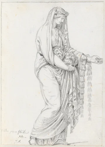 Woman with a Garland, from the Villa Pamphili by Jacques-Louis David, drawing, 1775-1780