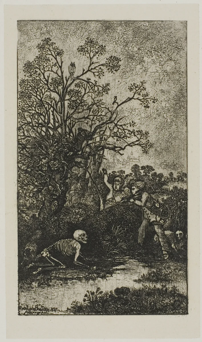 Hunters Surprised by Death by Rodolphe Bresdin, print, 1857