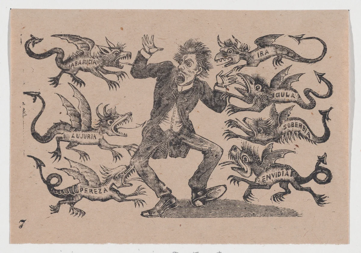 Plate 7: suicide of an invidious plutocrat by José Guadalupe Posada, print, 1889-1899