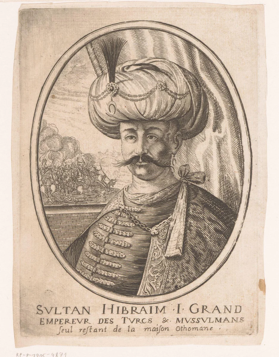 Portret van Ibrahim I, sultan van het Ottomaanse Rijk by anonymous, print, 1645-1668