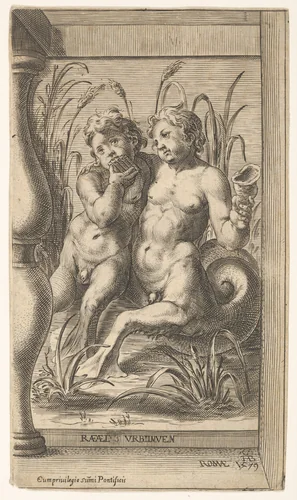Two tritons embracing, one playing a panpipe, the second holding a conch shell set within a recessed space by Cherubino Alberti, print, 1579