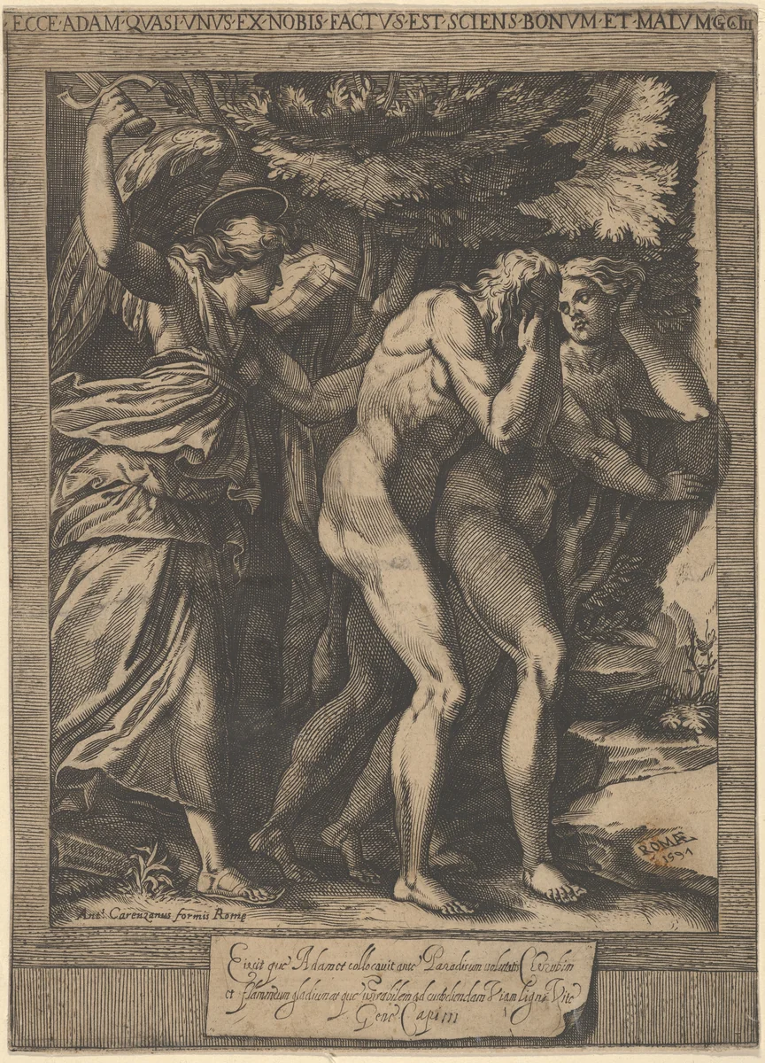 The Expulsion of Adam and Eve with an angel wielding a sword behind them by Cherubino Alberti, print, 1591