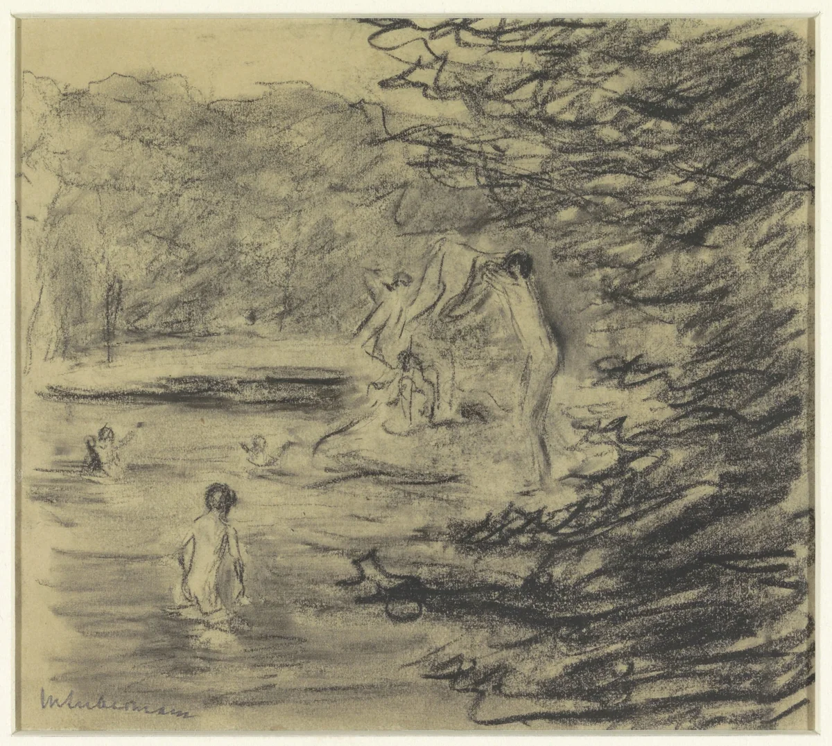 Badende jongens in bosvijver by Max Liebermann, drawing, 1857-1935